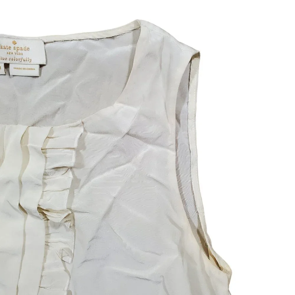 Kate Spade NY Live Colorfully Ruffled Front Sleeveless‎ Top Womens 0 Ivory Silk